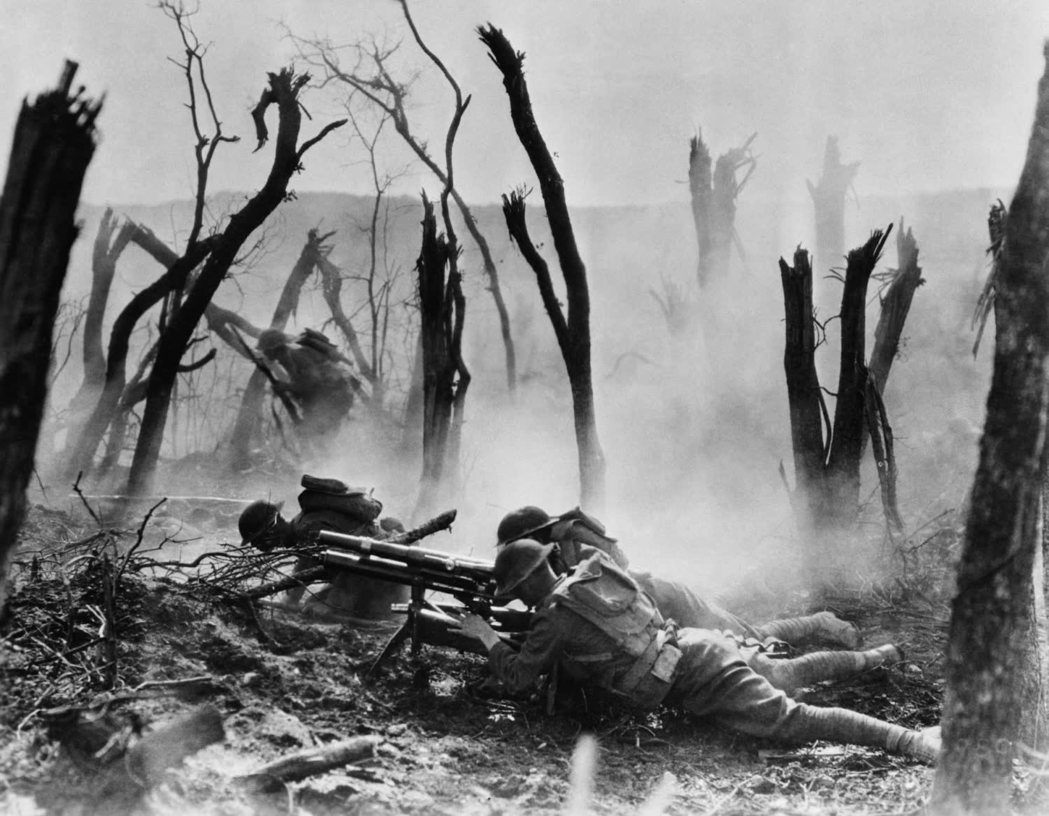 An American 37 mm gun crew firing among shattered trees, France, 1918