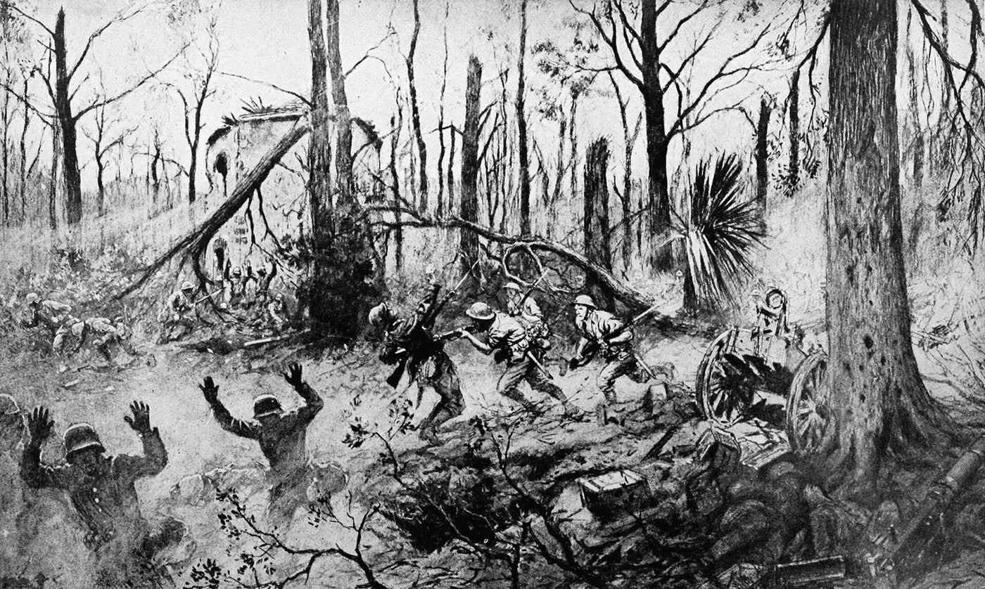 Marines advancing through Belleau Wood, illustration by Georges Scott, 1918